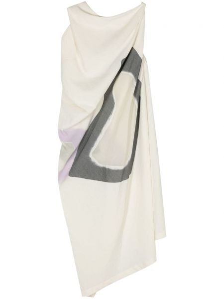 Béžové asymetrické šaty s potiskem s abstraktním vzorem Issey Miyake