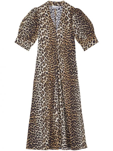 Памучна миди рокля с принт с леопардов принт Ganni кафяво