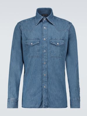 Rifľová košeľa s dlhými rukávmi Tom Ford modrá