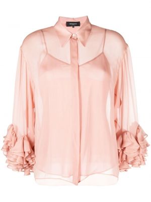 Μεταξωτό πουκάμισο με βολάν Rochas ροζ
