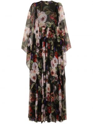 Květinové hedvábné dlouhé šaty s potiskem Dolce & Gabbana černé