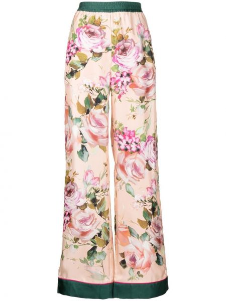 Svilene ravne hlače s cvetličnim vzorcem s potiskom Dolce & Gabbana roza