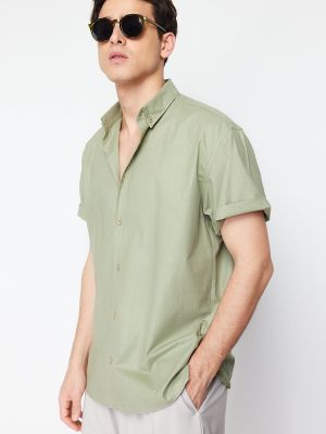 Oversized bavlněná košile s krátkými rukávy Trendyol khaki