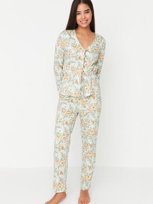 Pijamale cu model floral tricotate Trendyol alb