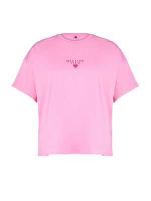 Dzianinowa koszulka z nadrukiem oversize Trendyol różowa