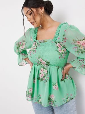 Блузка в цветочек с принтом с рюшами Simply Be зеленая