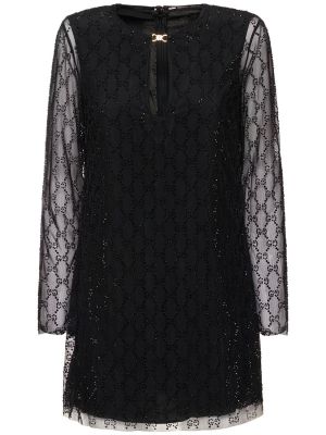 Nylonowa sukienka tiulowa z kryształkami Gucci czarna