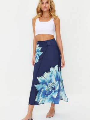 Pletená kvetinová saténová dlhá sukňa Trendyol modrá