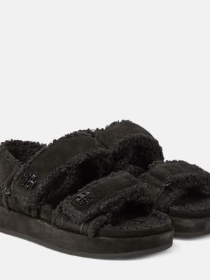 Kožené sandále s kožušinou Tory Burch čierna