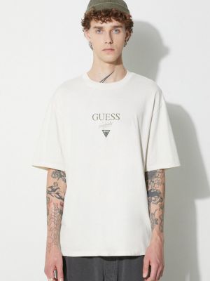Памучна тениска с дълъг ръкав с принт Guess Originals бежово