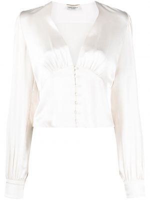 Jedwabna bluzka z dekoltem w serek Saint Laurent biała