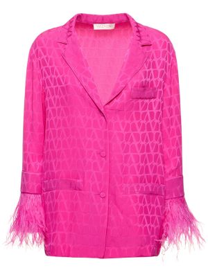 Жакардова копринена риза с пера Valentino розово