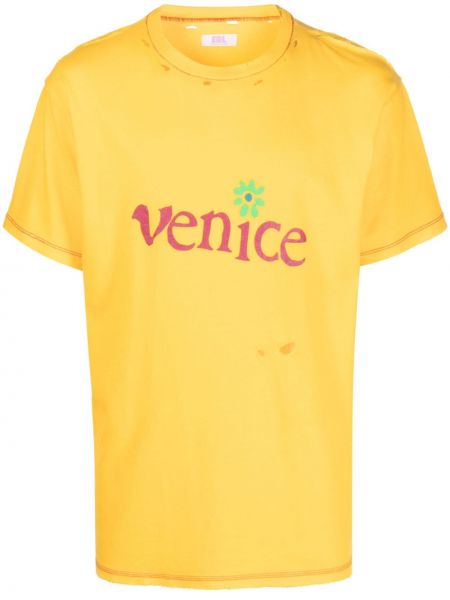T-shirt di lino di cotone Erl giallo