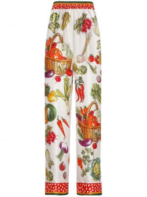 Svilene ravne hlače s potiskom Dolce & Gabbana bela