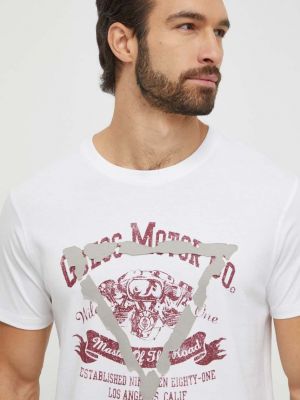 Koszulka bawełniana z nadrukiem Guess biała
