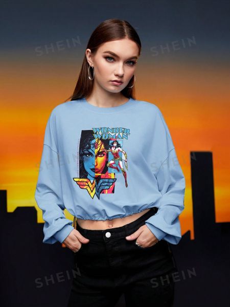 SHEIN Пуловер с заниженными плечами и завязками на подоле с рисунком и буквами голубые