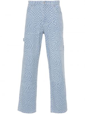 Карирани памучни прав панталон с принт Pleasures синьо