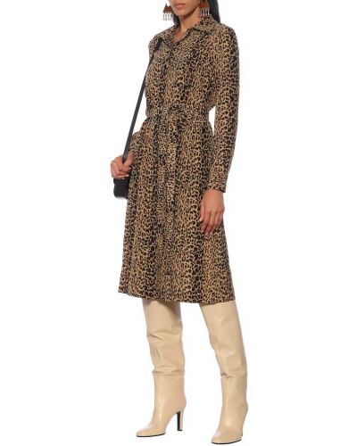 Rochie midi de mătase cu imagine cu model leopard Saint Laurent maro