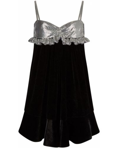 Мрежеста кадифена мини рокля с волани Paco Rabanne черно