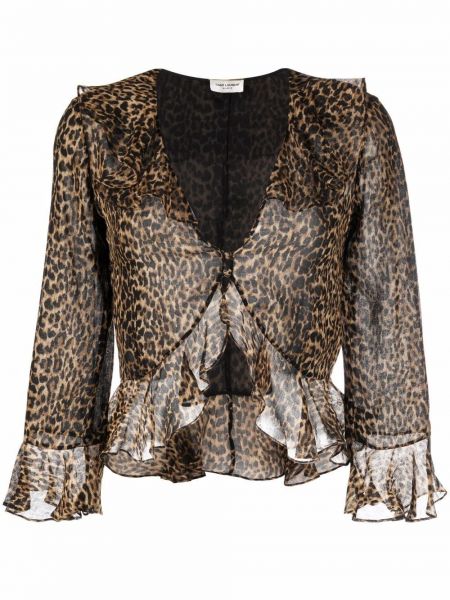 Блуза с принт с леопардов принт с волани Saint Laurent кафяво