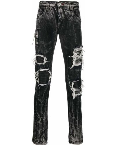 Proste jeansy z przetarciami w gwiazdy Philipp Plein czarne