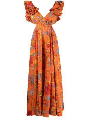 Копринена миди рокля на цветя с принт Zimmermann оранжево
