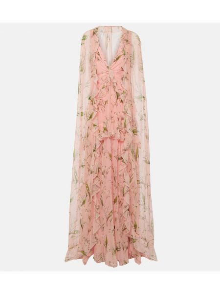 Svilena dolga obleka s cvetličnim vzorcem Carolina Herrera roza