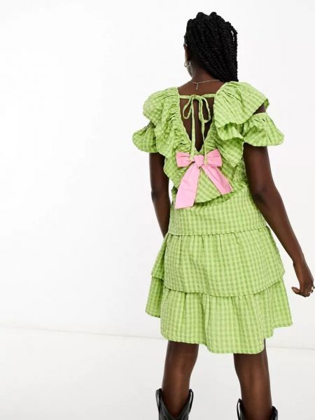 Клетчатое платье мини с бантом с рюшами Neon Rose