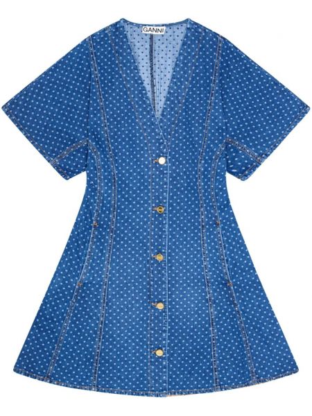 Bodkované džínsové šaty s potlačou Ganni modrá