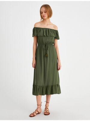 Midi šaty s volánmi s lodičkovým výstrihom Koton khaki