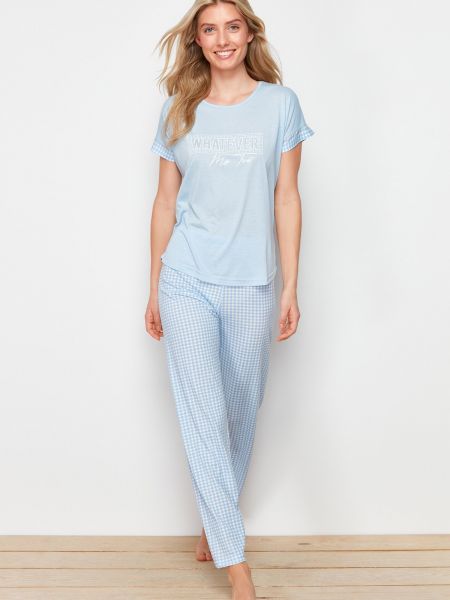 Плетена пижама с принт Trendyol синьо