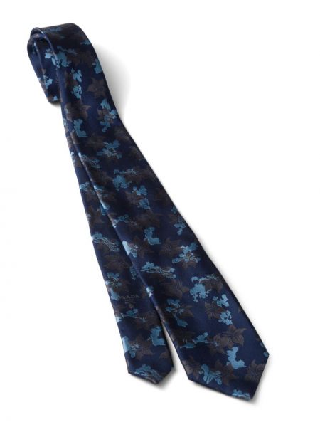 Jedwabny krawat w kwiatki żakardowy Prada niebieski