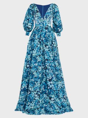 Плиссированное платье с пышными рукавами и цветочным принтом Badgley Mischka Collection