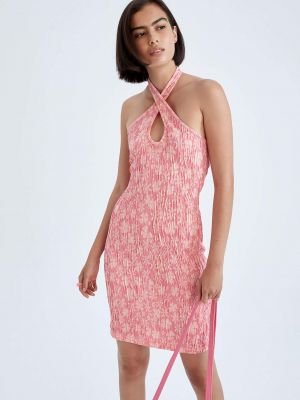 Πλεκτή φλοράλ αμάνικη μini φόρεμα Defacto ροζ