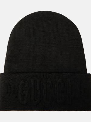 Vlnená čiapka s výšivkou Gucci čierna