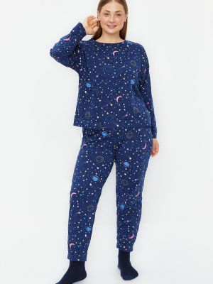 Pijamale tricotate cu imprimeu geometric Trendyol albastru
