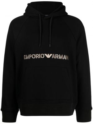 Βαμβακερός φούτερ με κουκούλα με κέντημα Emporio Armani μαύρο
