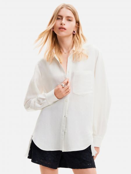 Oversize ленена риза с ресни Desigual бяло