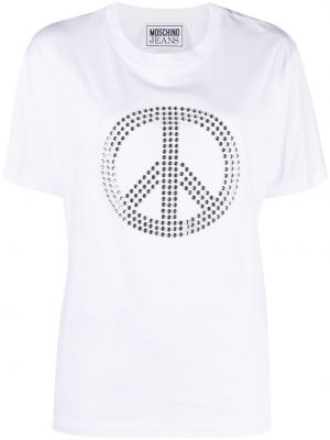 Kokvilnas t-krekls ar kristāliem Moschino Jeans balts