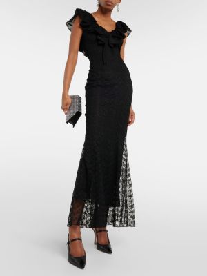 Krajkové dlouhé šaty s mašlí Alessandra Rich černé