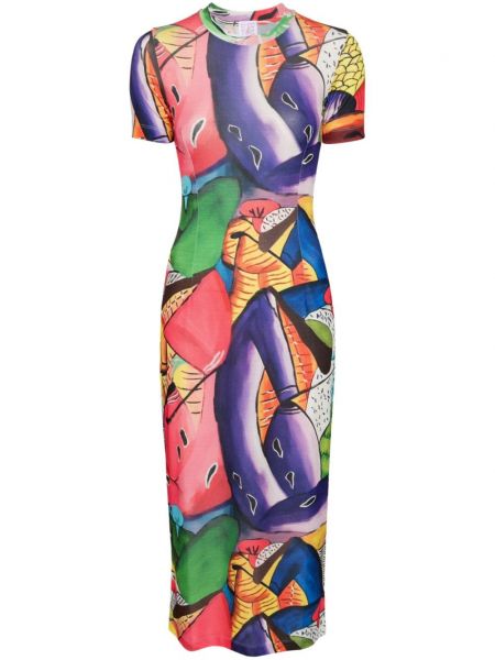 Dlouhé šaty s potlačou s abstraktným vzorom Stella Jean fialová