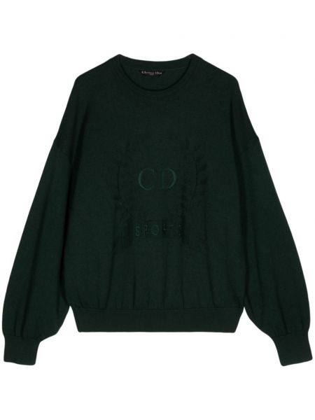 Vlnený dlhý sveter s výšivkou Christian Dior Pre-owned zelená