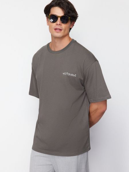 Oversized bavlněné tričko s potiskem Trendyol khaki