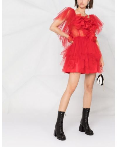 Gėlėtas suknele kokteiline iš tiulio Loulou raudona