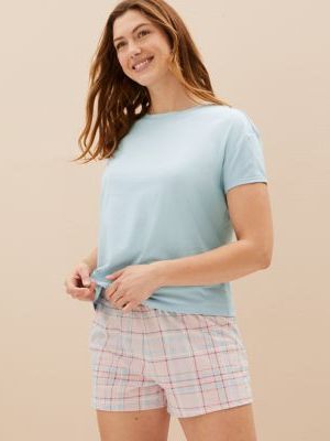 Womens M&S Collection Pure Cotton Checked Shortie Set -  Mix,  Mix M&s Collection - Niebieski