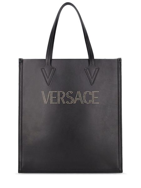Кожени шопинг чанта с шипове Versace черно