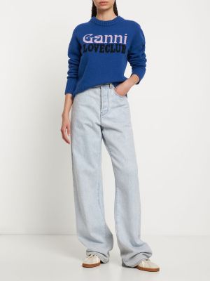 Вълнен пуловер Ganni синьо