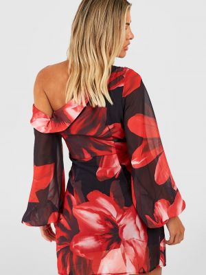 Шифоновое платье на одно плечо в цветочек с принтом Boohoo красное