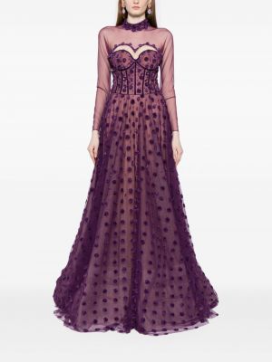 Tylové puntíkaté večerní šaty s korálky Saiid Kobeisy fialové