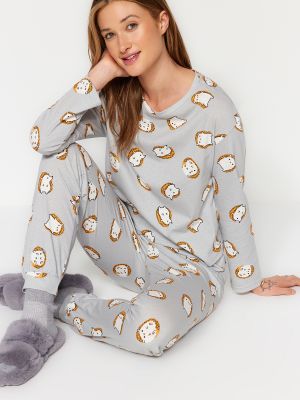 Pijamale din bumbac tricotate cu imagine Trendyol